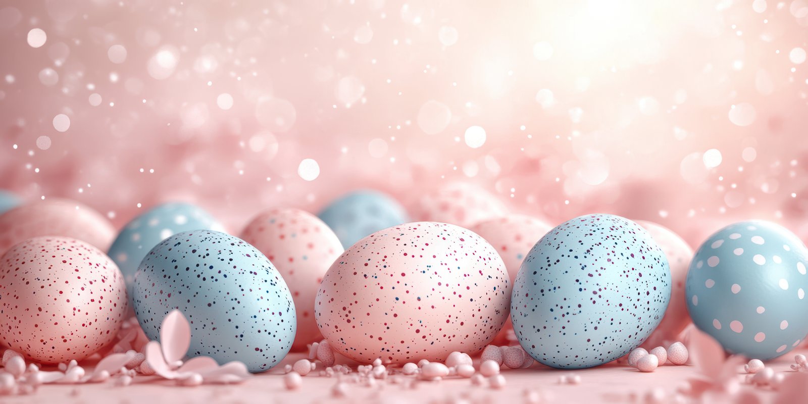 Colorful decorated eggs arranged on a soft surface for Easter celebration in a festive atmosphere with bokeh effect